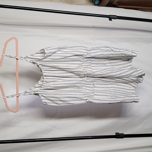 Lou & Grey 100% Linen Striped Blue, Tan & Ivory Sleeveless Romper Women's Medium - Picture 2 of 5